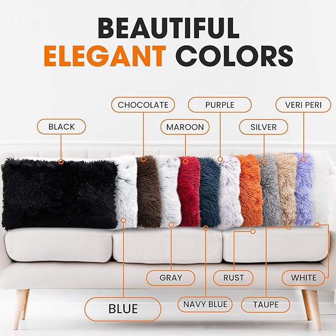Cheer Collection Throw Pillows for Couch and Bed, Soft Shaggy Throw Pillows with Inserts Included, Cozy Long Hair Faux Fur Pillows - Set of 2-12" x 20" - Blue Ombre