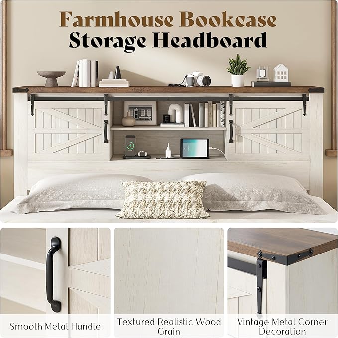 AMERLIFE Farmhouse King Bed Frame, Rustic Wood Platform Bed w/Barn Door Storage Bookcase Headboard & Charging Station, Bedroom Furniture, No Box Spring Needed, Antique White