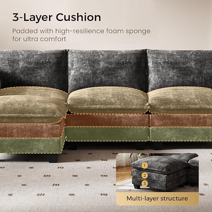 KKL Modular Sectional Sofa Bed, 4 Seater Convertible L-Shaped Sleeper Cloud Couch with Ottoman, Chenille Sectional Couches for Living Room, Apartment Grey