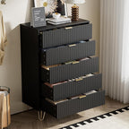 Black Dresser for Bedroom, Fluted Modern Dresser with Gold Pulls and 5 Drawers, 15.7" D x 31.5" W x 47.2" H