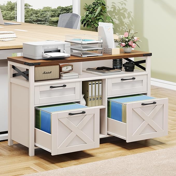 Filing Organization Storage Cabinets 4 Drawer with Adjustable Shelf, Lateral Filing Cabinet with Open Storage Shelf for Home Office, Farmhouse File Cabinets for Hanging Files Letter/A4.White