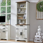RedLemon Bookshelf with Storage Cabinet, 72" Tall Farmhouse Bookcase with Adjustable Shelves and Barn Door, 4 Tier Office Wood Bookshelf with Drawer for Office Library Living Room (Antuique White)