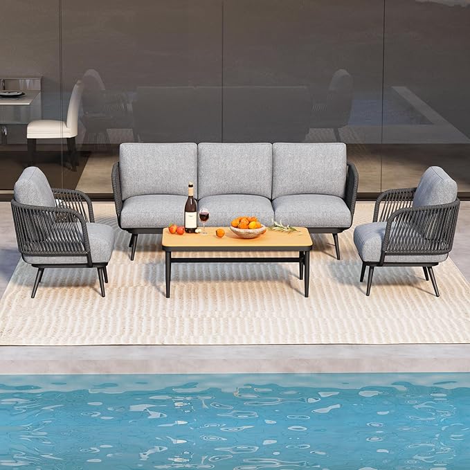 6 Piece Outdoor Patio Furniture Set, Outdoor 5-Seat Sofa with Coffee Table, Waterproof Thick Cushion Patio Conversation Set, All Weather Outdoor Couch Set for Deck, Lawn, Balcony, Porch