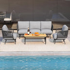 6 Piece Outdoor Patio Furniture Set, Outdoor 5-Seat Sofa with Coffee Table, Waterproof Thick Cushion Patio Conversation Set, All Weather Outdoor Couch Set for Deck, Lawn, Balcony, Porch