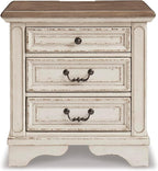 Signature Design by Ashley Realyn French Country 3 Drawer Nightstand with Electrical Outlets & USB Ports, 27.75" Tall, Chipped White