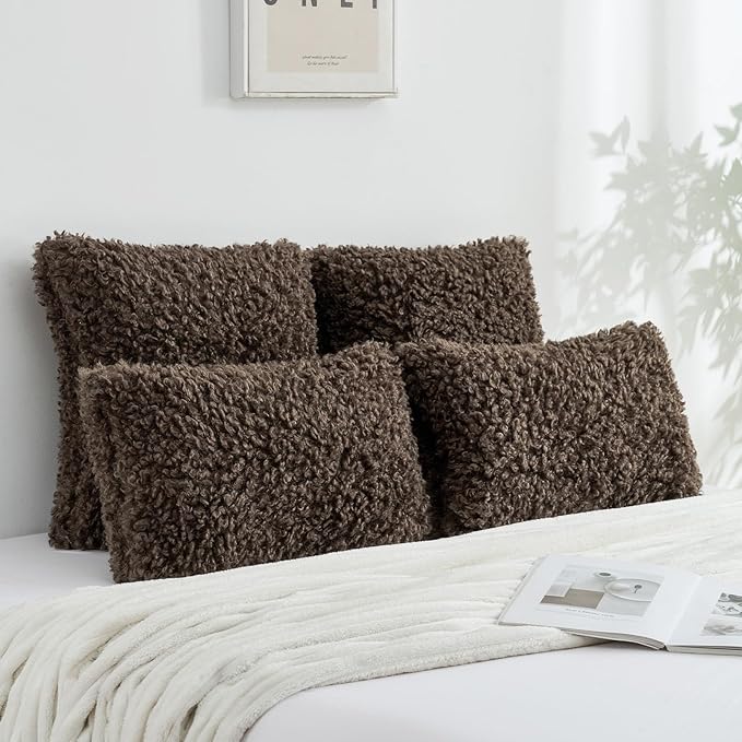 FUTEI Chocolate Decorative Throw Pillow Covers 18x18 Inch Set of 2,Soft Fluffy Faux Wool Fur Boucle Textured Cushion Case,Modern Home Decor for Couch Bed Living Room Office