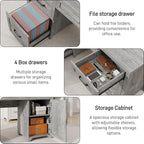 Farmhouse 67''H Executive Desk with Hutch & 5 Drawers, Rustic Office Desks Computer Desks with Charging Station, File Drawers and Storage Cabinets, Wood Workspace for Home Office & Study.（Grey）.