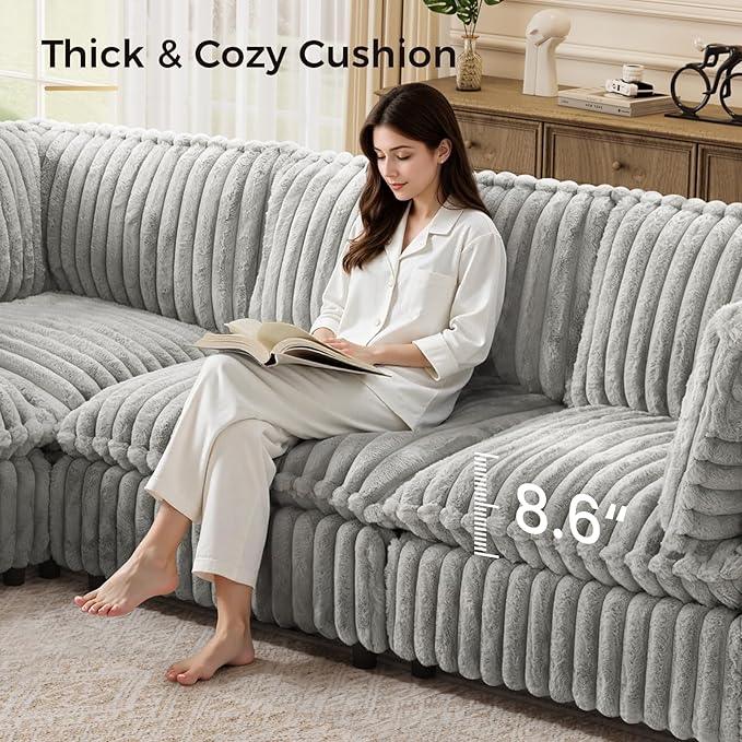 KKL Modular Sectional Couch for Living Room, U Shaped Corduroy Couches with 2 Ottomans, 6 Seater Oversized Sofa Convertible to Sleeper, Soft Fabric Modern Sofa, Grey