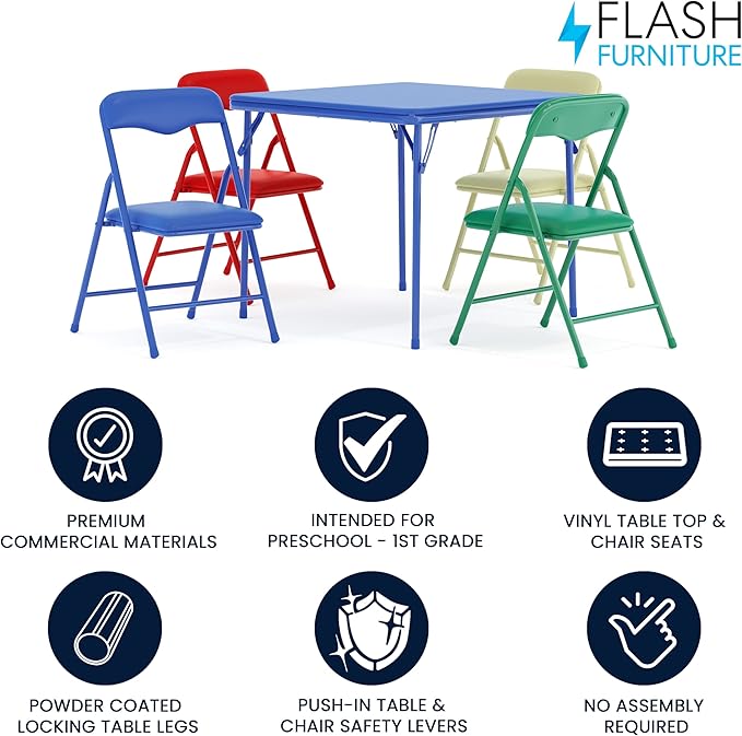 Flash Furniture Mindy Kids 5-Piece set Folding Square Table and Chairs Set for Daycare and Classrooms, Children's Activity Table and Chairs Set, Multicolor