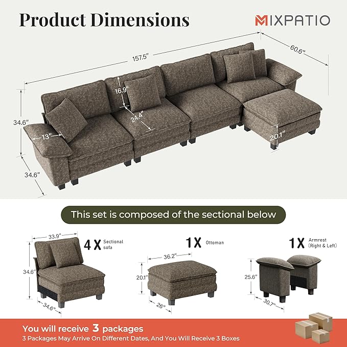 157-Inch L Shaped Sectional Sofa with Cloud Cushions, Deep Seat Modular Couch Set w/ 5 Seats & 1 Ottomans, Removable Arms, Plush Chenille Upholstery for Living Room, Apartment - Smoky Gray