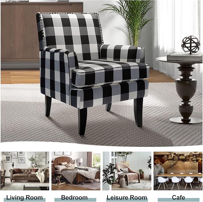 HULALA HOME Modern Accent Chair with Arms and Wooden Legs, Buffalo Plaid Accent Chair Armchair High Back Rest, Padded Armrest and Comfortable Cushioned Seat for Living Room (Buffalo Black)