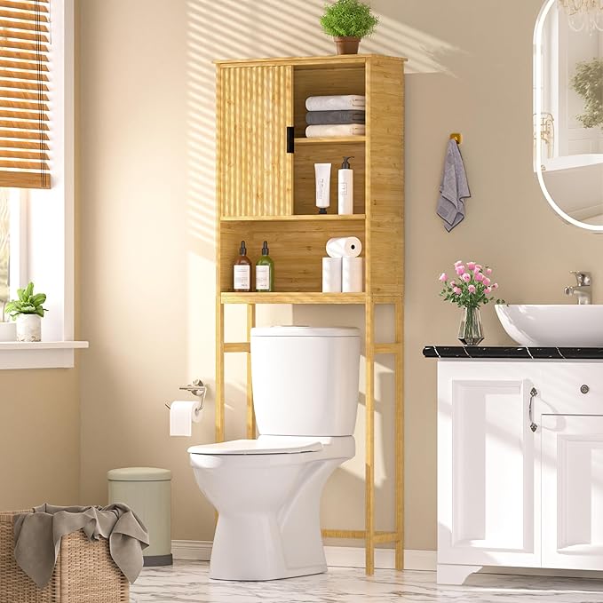 Over The Toilet Storage Cabinet with Fluted Doors, Bathroom Over Toilet Rack with Adjustable Shelf Bamboo FreeStanding Space-Saving Storage Organizer, Natural