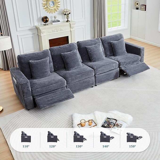 Oversized Modular Sectional Sofa with 2 Power Reclining, Electric Recliner Couch with Storage Console and Adjustable Headrest, Plush Corduroy Fluffy 5 Seat Corner Sofa for Living Room-Blue Grey