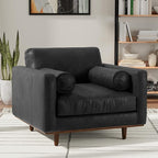 SIMPLIHOME Morrison Accent Chair - 43 inch Wide Upholstered Top Grain Genuine Leather Mid-Century Modern Arm Chair with Solid Wood Frame in Lead Black, for Living Room with 2 Bolster Pillows
