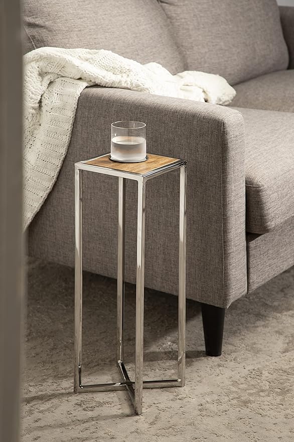 Kate and Laurel Jaspur Modern Drink Table, 7 x 7 x 21, Silver and Wood, Decorative Glam Accent Table for Display and Storage