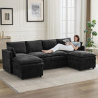 105" Cloud Modular 4 Seater Sofa with 2 Storage Ottoman, Modern Upholstered Sofa Storage Sofa Couch Deep Seat, U Shape Sectional Sofa Chenille Comfy Couch with Armrests for Living Room, Black