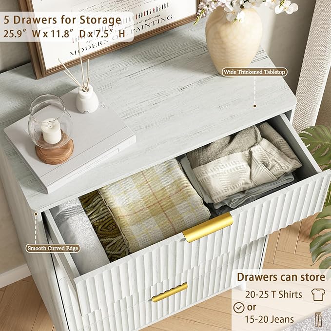 CARPETNAL Fluted 5 Drawers Dresser for Bedroom, 45" Tall Wooden Chest of Drawers with Rounded Corners, Gold Handles, Modern Storage Organizer for Bedroom, Hallway (White)