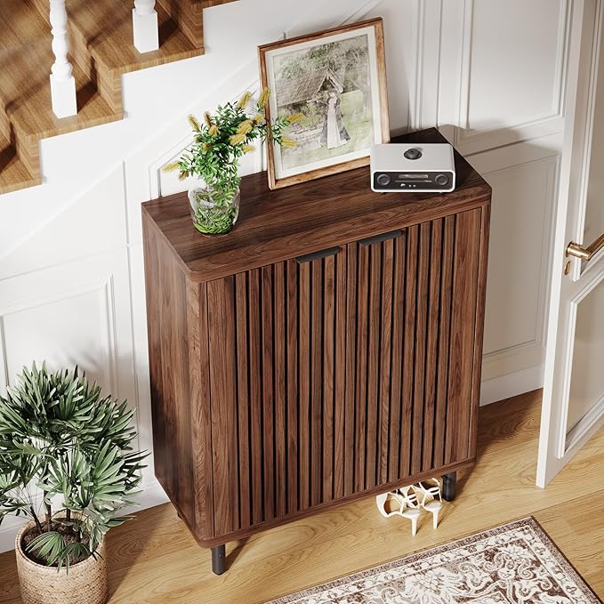 Tribesigns 6-Tier Farmhouse Shoe Cabinet with Shutter Doors, Wooden Shoe Organizer Rack with Adjustable Shelves, Modern Large Hidden Storage Furniture for Entryway, Hallway (Brown&Black)