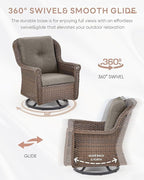 Outdoor Patio Swivel Gliders with Fire Pit Table 5 Piece Set - High Back Brown Wicker Rattan Rocking Chair with Thick Cushion for Porch Apartment Deck Yard Poolside Garden - Grey
