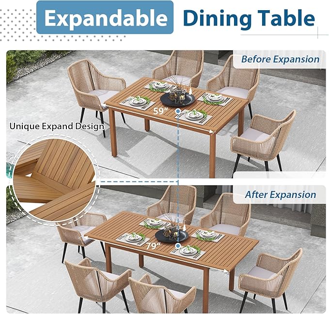 JOIVI Outdoor Dining Set for 6, 7 Pieces Patio Dining Table and Chairs Set, Rattan Rope Patio Outdoor Furniture Set with Extendable Dining Table for Deck, Backyard, Garden, Dining Room, Tan