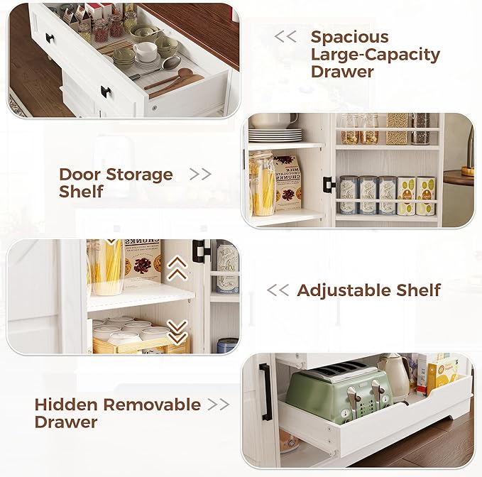 IRONCK 56” Farmhouse Sideboard Buffet Cabinet with 4 Doors and 1 Drawer, Buffet Table with Hidden Removable Drawers, 4 Adjustable Shelves, Dining Room Storage Cabinet for Kitchen or Living Room, White