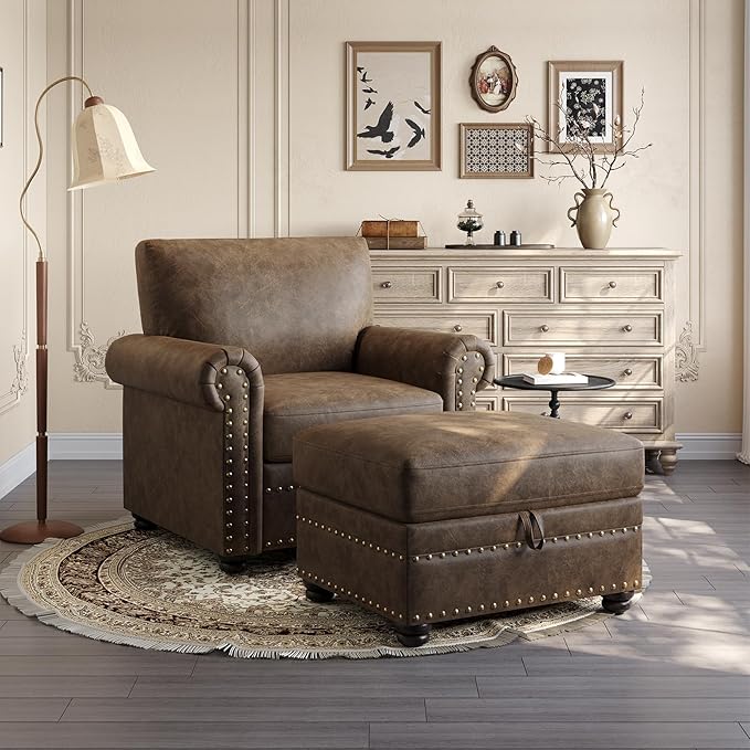 ONBRILL Nailhead Trim Accent Chair, Faux Leather Club Chair for Living Room, Comfy Armchair with Springs Cushions & Solid Wood Legs, Traditional Rolled Arms Single Sofa for Bedroom, Apartment, Brown