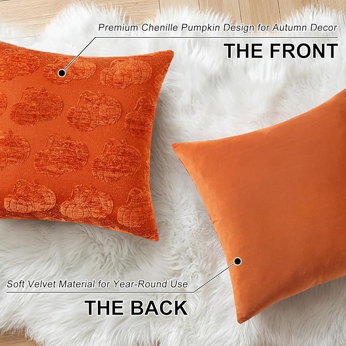 decorUhome Decorative Two Rust Pumpkins Thanksgiving Throw Pillow Covers 18x18 Set of 2, Soft Chenille Jacquard Farmhouse Textured Pillow Covers for Couch Bed Sofa Autumn Harvest Halloween Holiday