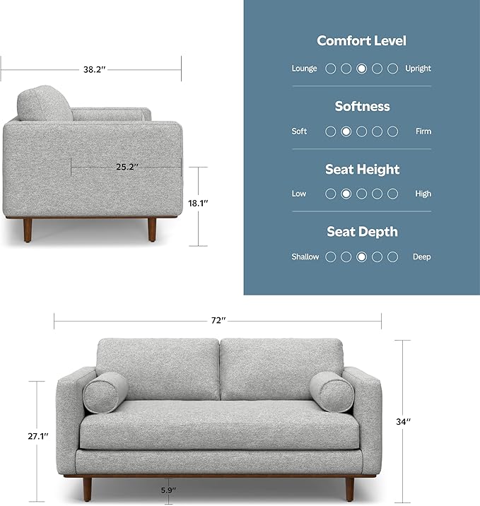 SIMPLIHOME Morrison 72-inch Wide Sofa in Mist Grey Woven-Blend Fabric, Handcrafted Mid-Century Modern Loveseat for Living Room or Family Room, Single Bench Cushion, Bolster Pillows