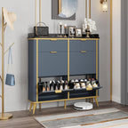 Fluted Shoe Storage Cabinet with 4 Flip Drawers & 2 Drawers, Freestanding Hidden Shoe Organizer with Adjustable Shelves, Wood Narrow Shoe Rack Cabinet for Entryway, Foyer, Hallway, Navy Blue