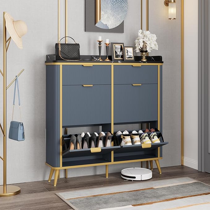 Fluted Shoe Storage Cabinet with 4 Flip Drawers & 2 Drawers, Freestanding Hidden Shoe Organizer with Adjustable Shelves, Wood Narrow Shoe Rack Cabinet for Entryway, Foyer, Hallway, Navy Blue