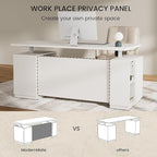 71" Executive Desk with Storage & Privacy Panel, Electric Adjustable Height Standing Desk for Home Office, 1.18" Desktop, Built-in Charging Station,White Rattan