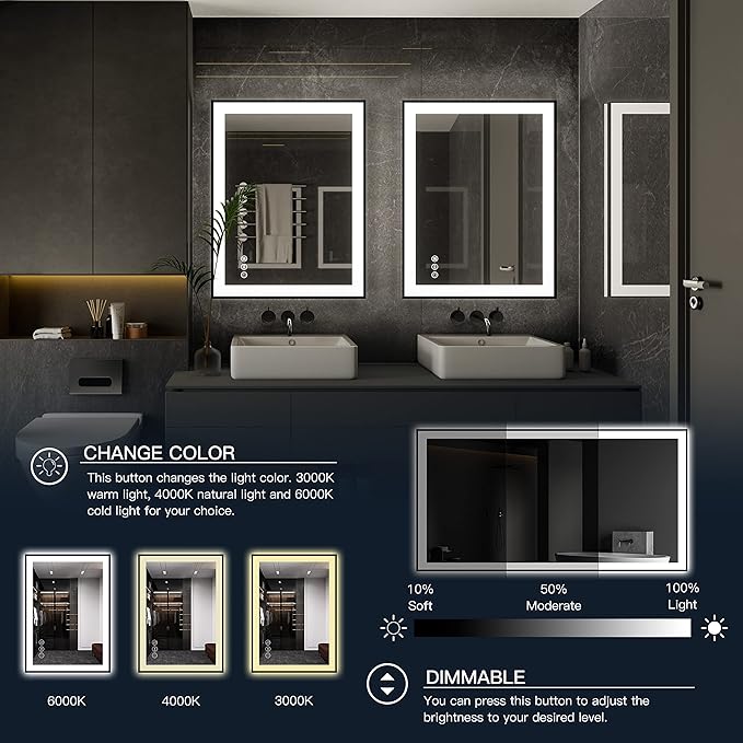 ISKM Framed LED Mirror for Bathroom 57"x36", Dimmable LED Bathroom Mirror with Lights, Anti-Fog, Front and Backlit Lighted Mirror 3-Colors, Shatterproof, Memory Function