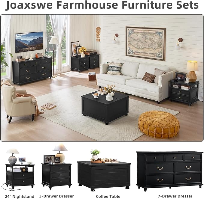 Farmhouse Dresser and Nightstand Sets, Wooden 7 Drawers Dresser & 24" Night Stand with 3 Drawers, 2 Piece Bedroom Furniture Set, Chest of Drawers for Bedroom, Home, Living Room, Hallway