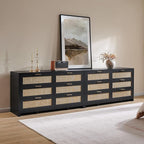 SICOTAS Rattan Dresser for Bedroom, 56.9" Wide 6 Drawer Dresser with Ample Storage, Wooden Dressers Large Chest of Drawers, Closet, Boho TV Stand for Bedroom (Black Oak, 2 Pieces)