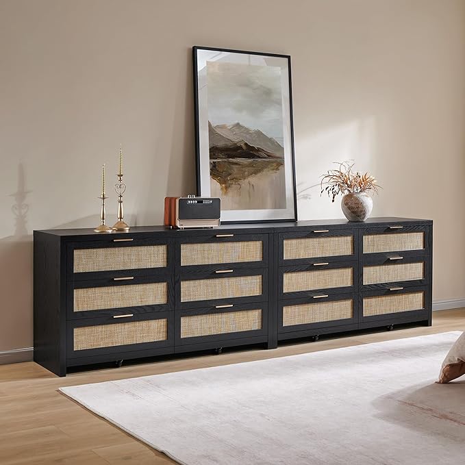 SICOTAS Rattan Dresser for Bedroom, 56.9" Wide 6 Drawer Dresser with Ample Storage, Wooden Dressers Large Chest of Drawers, Closet, Boho TV Stand for Bedroom (Black Oak, 2 Pieces)