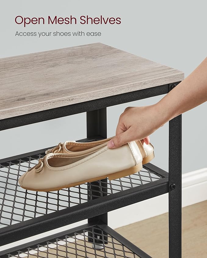 VASAGLE, 3-Tier Shoe Rack, Shelf Storage Bench with Metal Mesh Shelves and Seat, Free Standing Shoe Organizer for Entryway, 11.8 x 39.4 x 17.7 Inches, Greige and Black ULBS078K01