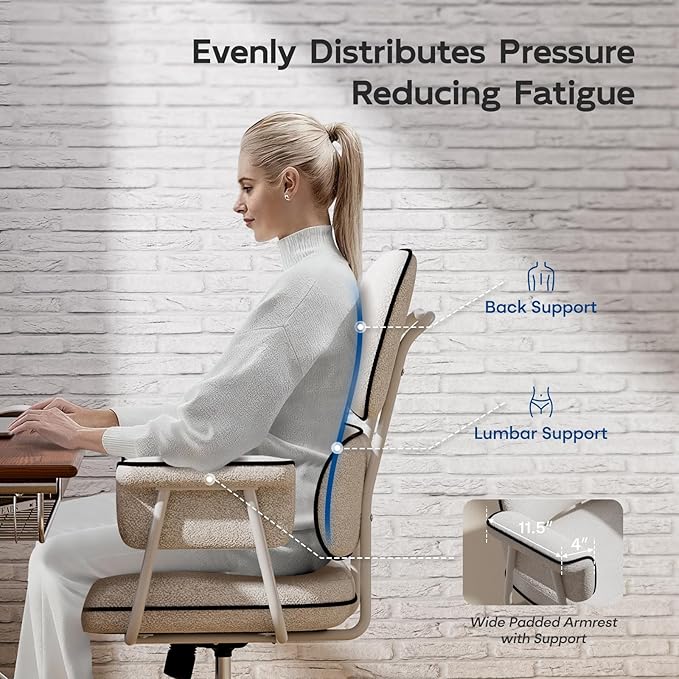 Fabric Office Chair with Granular Linen, Mid Back Vintage Desk Chair with Wheels and Wide Arms, Mid Century Modern Home Office Desk Chairs with Molded Cotton Seat Cushion, Adjustable Height, White