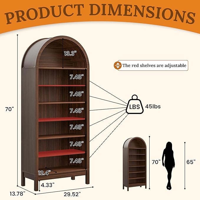 70" Tall Arched Shoe Cabinet, 7-Tier Shoe Rack with 3 Adjustable Shelves, Large Freestanding Shoe Organizer for Entryway, Closet, Hallway, Living Room (Walnut Brown)