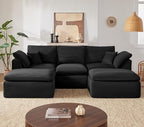 112" Cloud Sectional Couch, Boneless Couches for Living Room, U Shaped Couch with Convertible Ottoman, Modular Sectional Sofa with Deep Seat, Comfy Soft Cushions, No Assembly, Black
