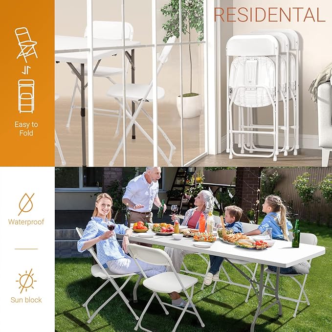 VINGLI 5 Pack White Plastic Folding Chair, Indoor Outdoor Portable Stackable Commercial Seat with Steel Frame 350lb. Capacity for Events Office Wedding Party Picnic Kitchen Dining