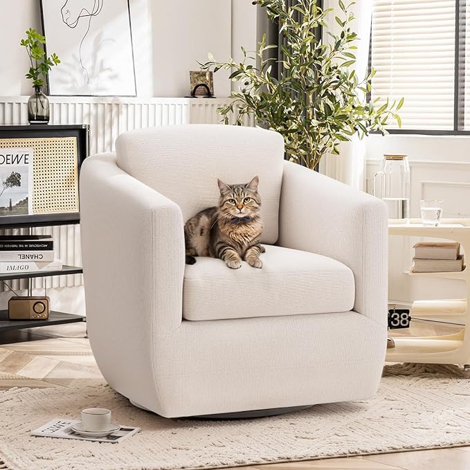 COLAMY 360° Swivel Accent Chair with Pillow, Living Room Armchair No-Sag Foam & Sturdy Metal Base, Fully Assembled Swivel Accent Single Sofa for Bedroom Living Room, Reading Room, Beige