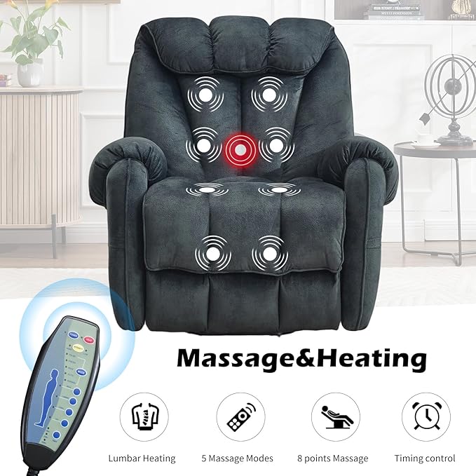 CANMOV Power Lift Recliner Chair for Elderly with Massage & Heat, Overstuffed Recliner Chairs for Adults, Electric Recliners with Type-C & USB Port, Side Pockets, for Living Room, Grey