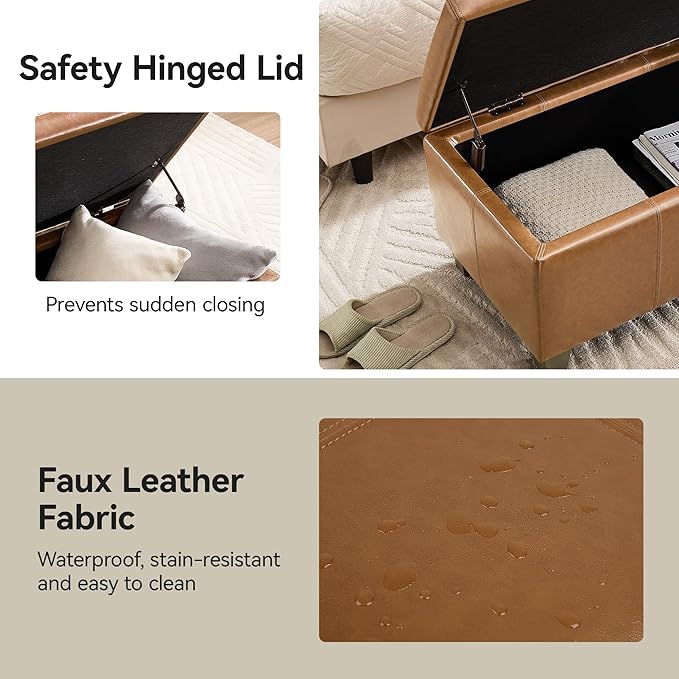 41" Faux Leather Storage Ottoman, Stitch Tufted Rectangle Upholstered End of Bed Storage Bench, Entryway Large Couch Ottoman with Wooden Legs, Light Brown