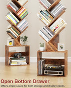 7 Tier Tree Bookshelf with Clock and Storage Cabinet, Small Narrow Floor Standing Bookcase for Bedroom, Living Room, Home Office, Dark Brown