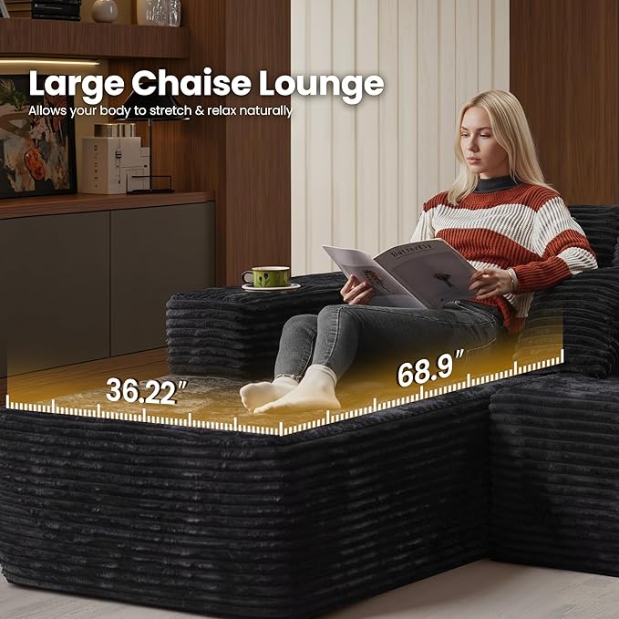 Cloud Sectional Couch with Chaise, Boneless U-Shaped Cloud Couch with Deep Seat, Soft Plush Modern Minimalist Sofa, Assembly Free Modular Floor Sofa for Office Living Room Apartment, Black