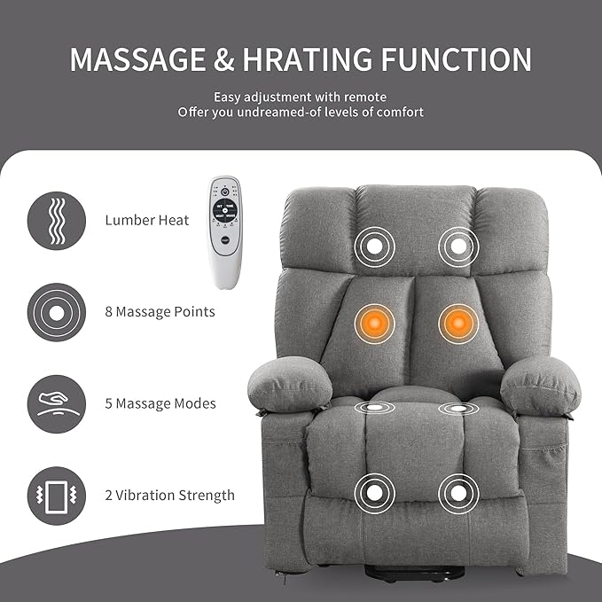 Oversized Power Lift Recliner Chair for Elderly, Big and Tall Lift Chair with Massage and Heat for Living Room, Fabric Electric Recliner Chairs with 4 Side Pockets, USB Charge Port,Grey