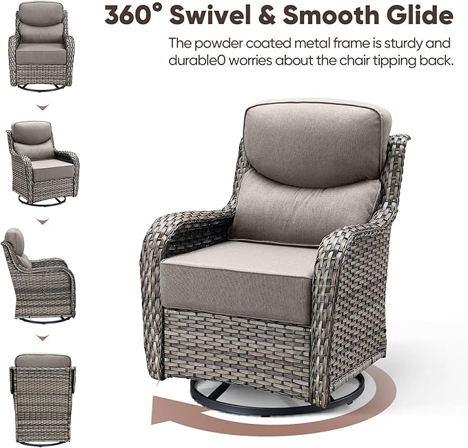 Swivel Patio Chairs sofa Set of 7 with 6" Thick Cushion - Wicker Outdoor Swivel Rocker Patio Chair ,Sofa/Glass coffee table, High Back Comfortable Outdoor Glider Chairs - Gery Wicker | Gery Cushions