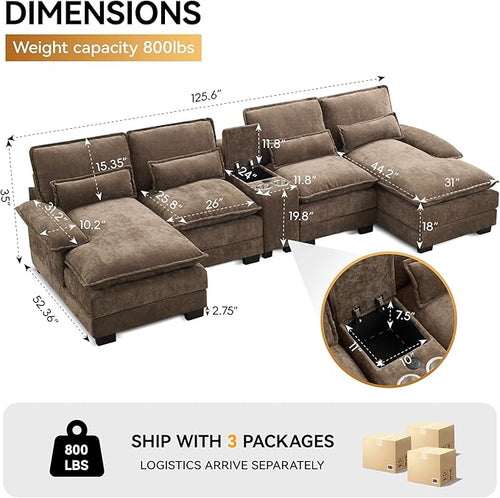125'' U Shaped Cloud Modular Sofa with Chaise Lounges, Chenille Upholstered Comfy Sectional Couch with Storage Console, USB Charging Ports & Cup Holders, Small Deep Seat Sofa for Living Room, Brown