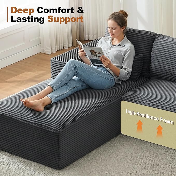 Cloud Modular Sectional Sofa Couch,L-Shape Modern Boneless Sectional Couch with Deep Seat,Upholstered Couches for Living Room Bedroom,No Assembly Required,Grey