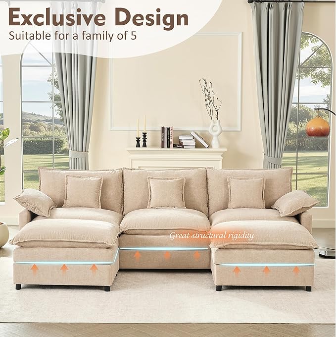 108" U Shaped Couch, Modular Sectional Sofa, 3-Seater Comfy Cloud Couch with Movable Ottoman, Deep Seat Couches for Living Room, Chenille, Flat White